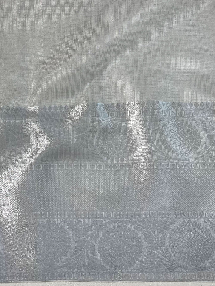 Banarasee Handwoven Broad Border Tissue Saree With Embroidered Floral Design-Silver