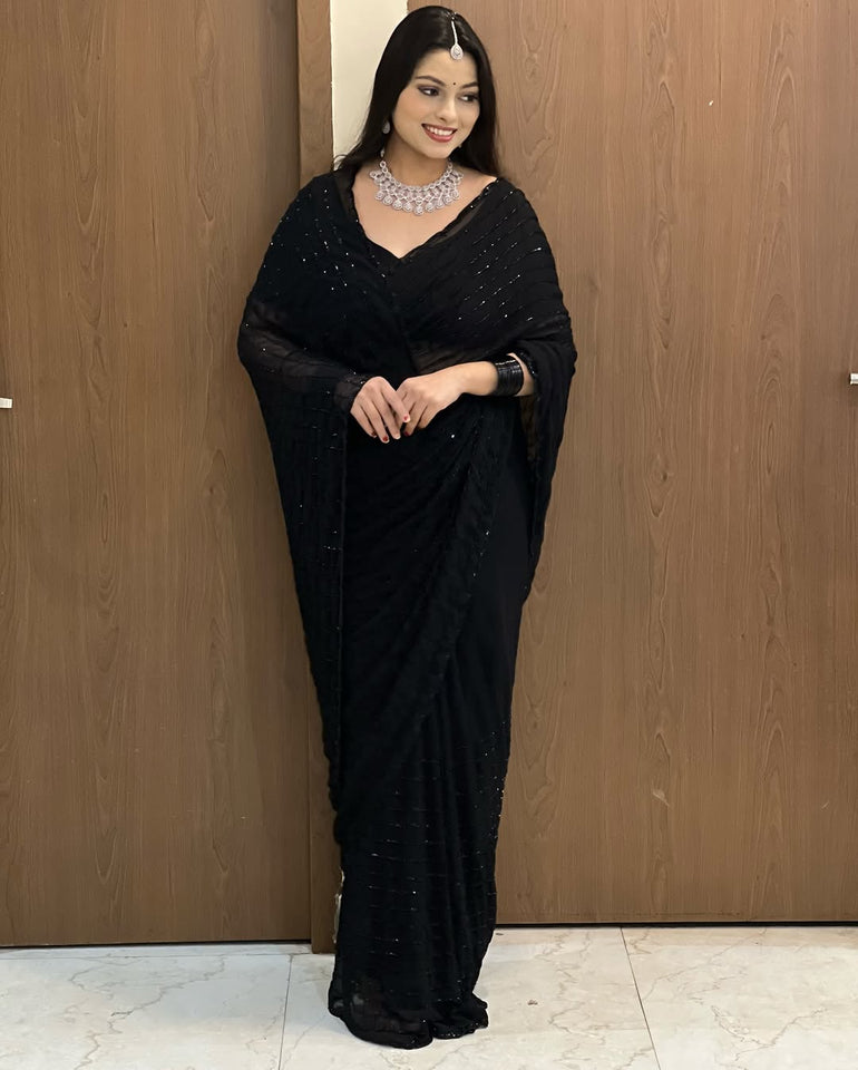 Premium Party Wear Pure Georgette Saree with Original Black Beads Work
