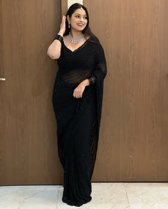 Premium Party Wear Pure Georgette Saree with Original Black Beads Work
