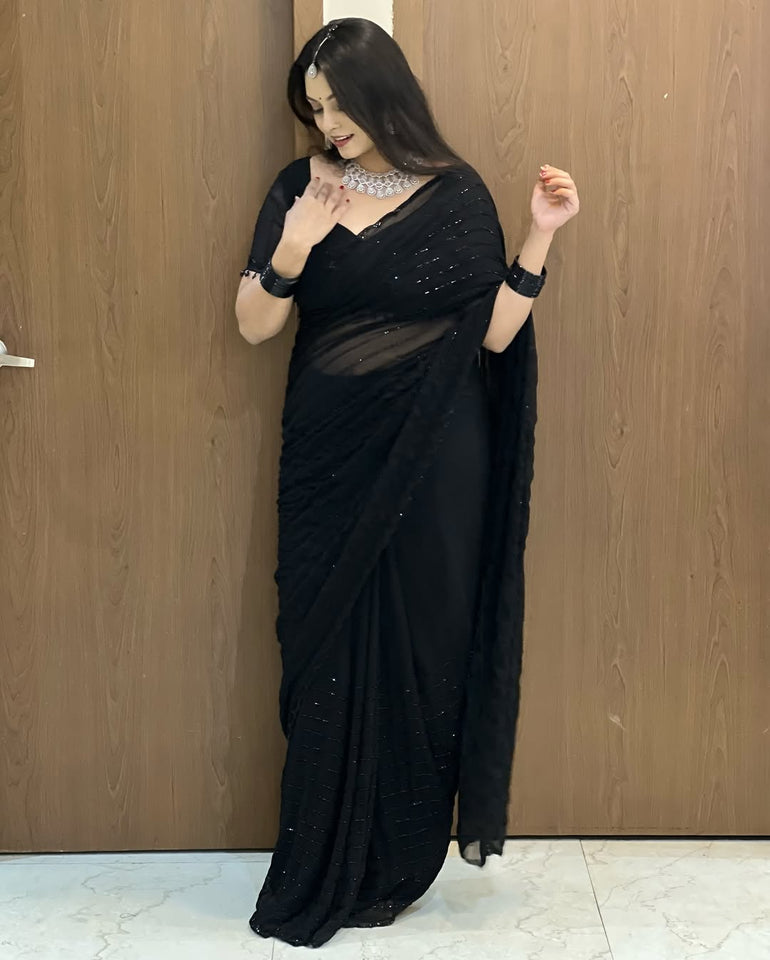 Premium Party Wear Pure Georgette Saree with Original Black Beads Work