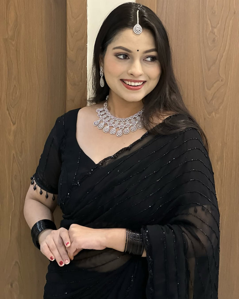 Premium Party Wear Pure Georgette Saree with Original Black Beads Work