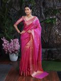 Banarasee Handloom Dual Shade Semi Silk Saree With Zari Buti Work & Floral Border-Dark Pink