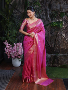 Banarasee Handloom Dual Shade Semi Silk Saree With Zari Buti Work & Floral Border-Dark Pink