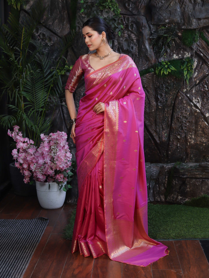 Banarasee Handloom Dual Shade Semi Silk Saree With Zari Buti Work & Floral Border-Dark Pink
