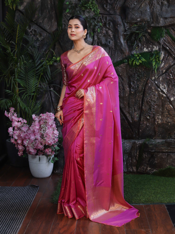 Banarasee Handloom Dual Shade Semi Silk Saree With Zari Buti Work & Floral Border-Dark Pink