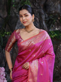 Banarasee Handloom Dual Shade Semi Silk Saree With Zari Buti Work & Floral Border-Dark Pink