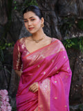 Banarasee Handloom Dual Shade Semi Silk Saree With Zari Buti Work & Floral Border-Dark Pink