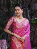 Banarasee Handloom Dual Shade Semi Silk Saree With Zari Buti Work & Floral Border-Dark Pink