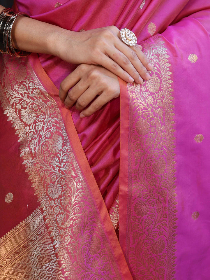 Banarasee Handloom Dual Shade Semi Silk Saree With Zari Buti Work & Floral Border-Dark Pink