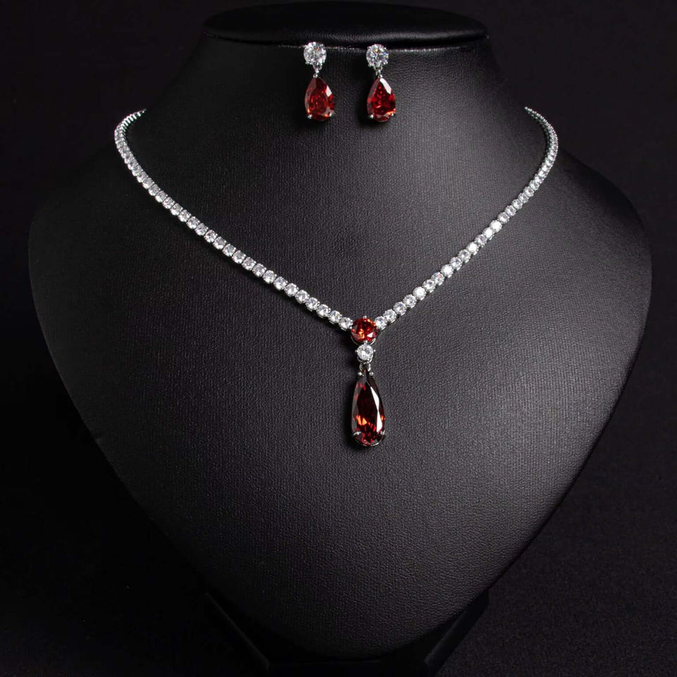Classic Crystal Drop Shape Necklace Set with Drop Earrings – Elegant Fashion Jewelry for Women
