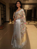 Banarasee Handwoven Broad Border Tissue Saree With Embroidered Floral Design-Silver