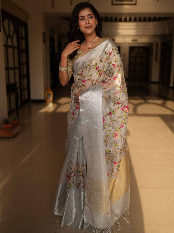 Banarasee Handwoven Broad Border Tissue Saree With Embroidered Floral Design-Silver