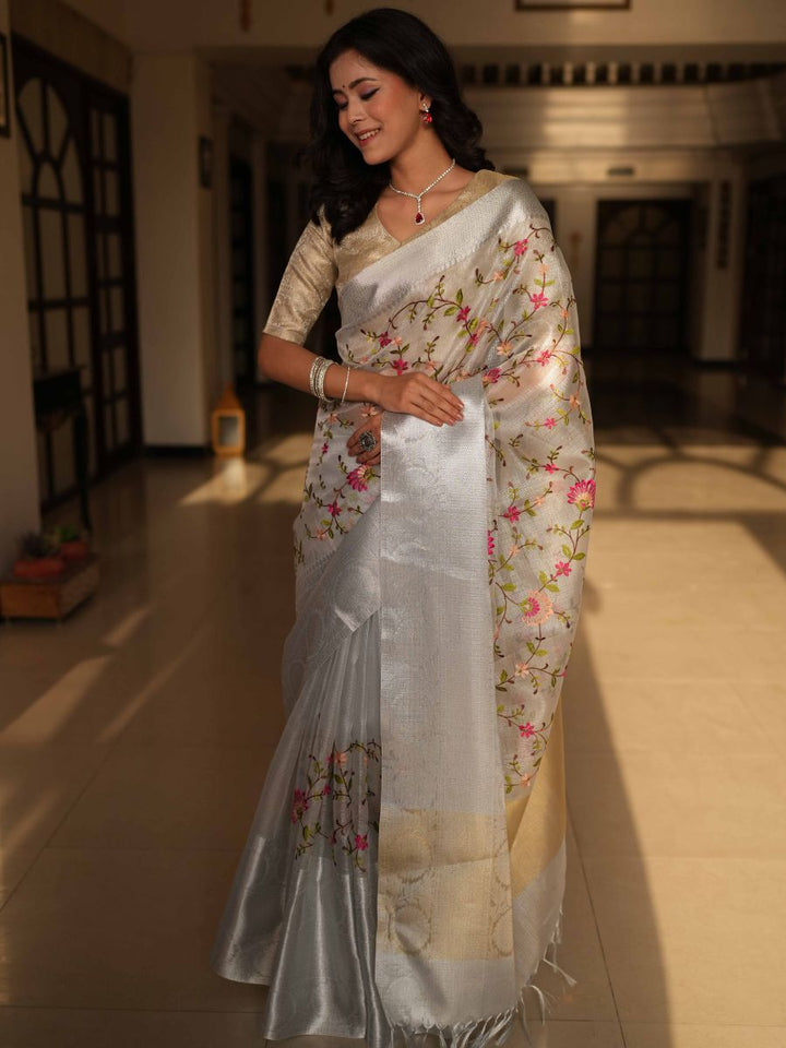 Banarasee Handwoven Broad Border Tissue Saree With Embroidered Floral Design-Silver