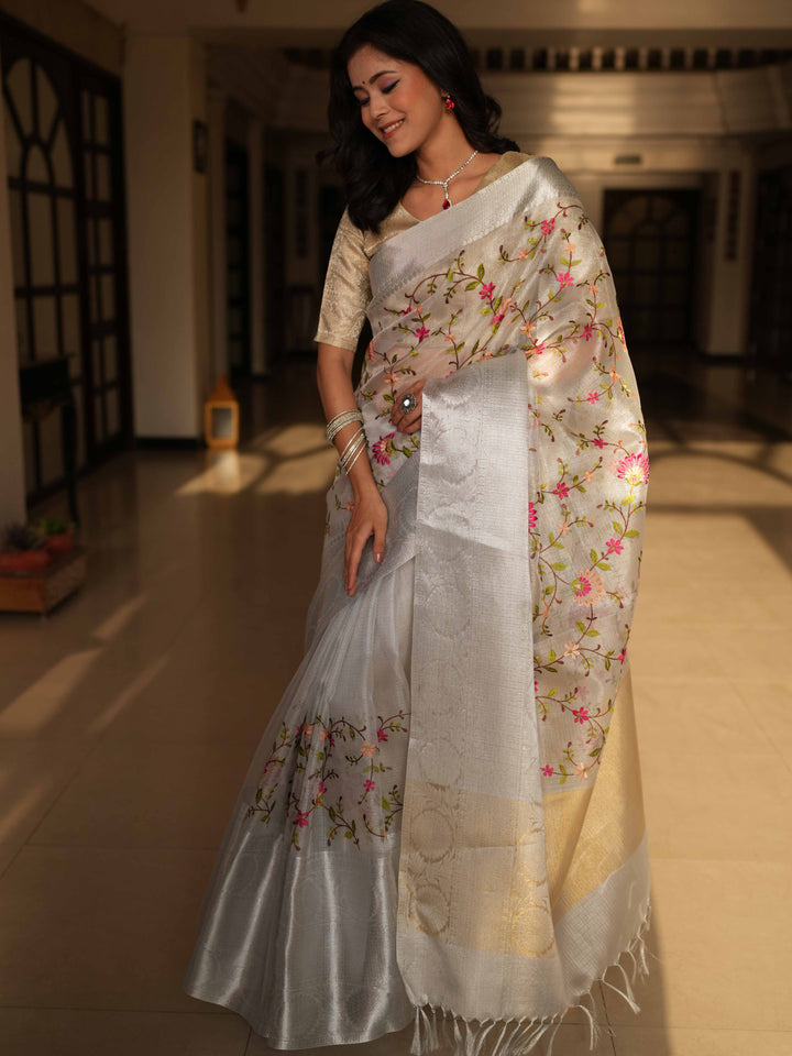Banarasee Handwoven Broad Border Tissue Saree With Embroidered Floral Design-Silver