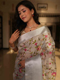 Banarasee Handwoven Broad Border Tissue Saree With Embroidered Floral Design-Silver