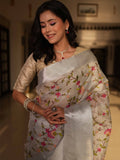 Banarasee Handwoven Broad Border Tissue Saree With Embroidered Floral Design-Silver
