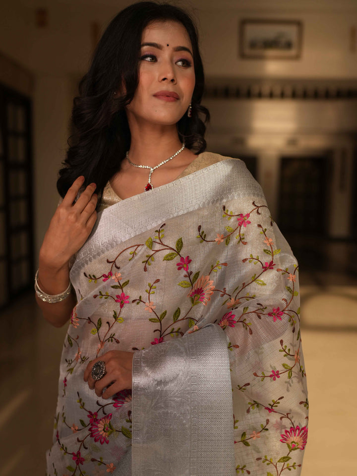 Banarasee Handwoven Broad Border Tissue Saree With Embroidered Floral Design-Silver