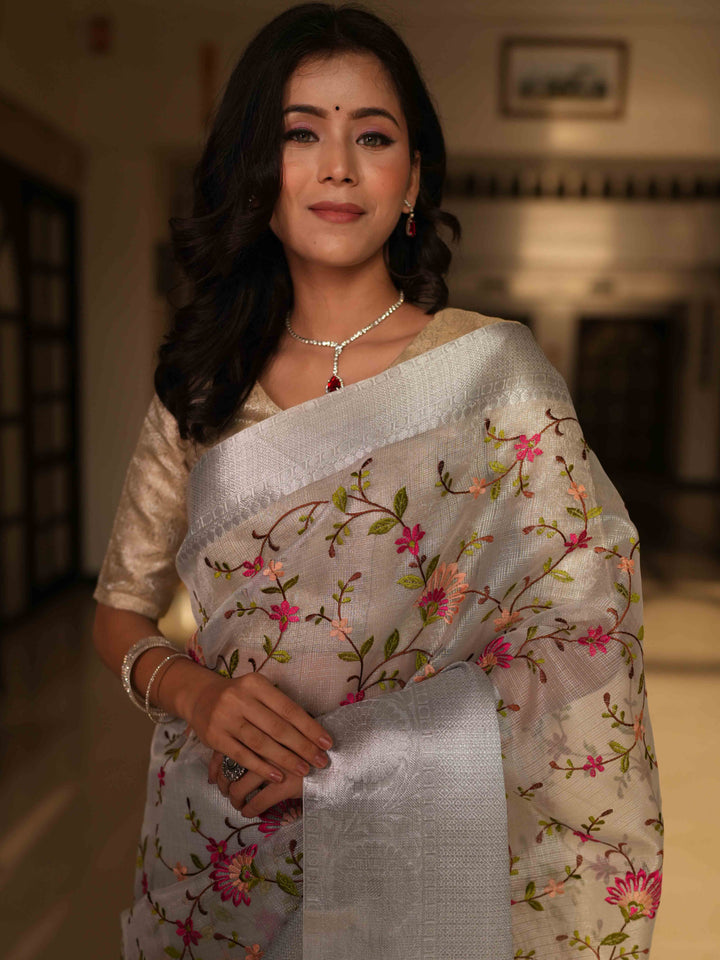 Banarasee Handwoven Broad Border Tissue Saree With Embroidered Floral Design-Silver