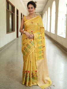 Bhagalpuri Handloom Linen Floral Embroidered Saree-Yellow