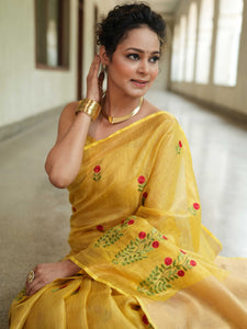 Bhagalpuri Handloom Linen Floral Embroidered Saree-Yellow
