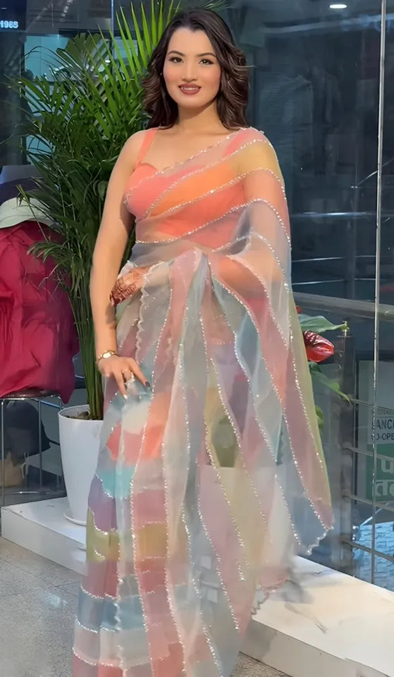 Multicolor Soft Organza Silk Designer Saree